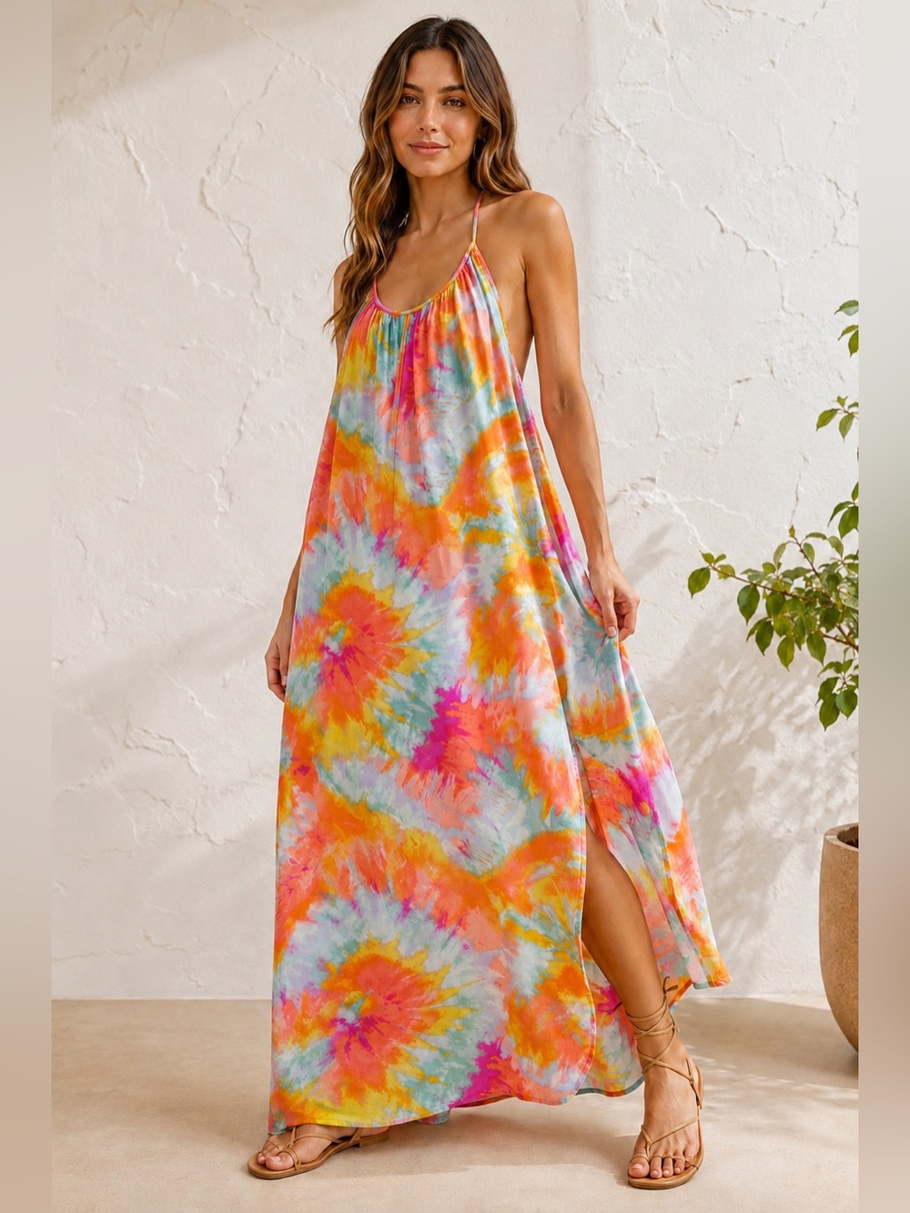 Olivaceous Tie Dye Maxi Dress Sz M Open Back  Sleeveless Boho Beach Resort